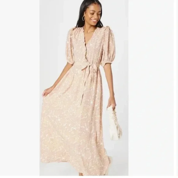 Atelier Rêve Floral Faux Wrap Puff Sleeve Midi Dress Small - Picture 2 of 14